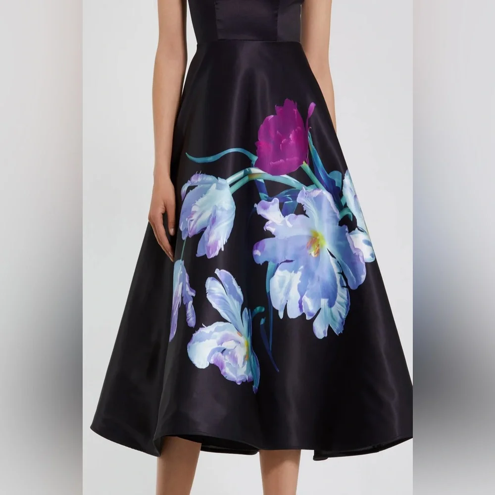 MAC DUGGAL
Black Satin Cap Sleeve Midi Dress With Floral Print Wedding Guest - Picture 2 of 3